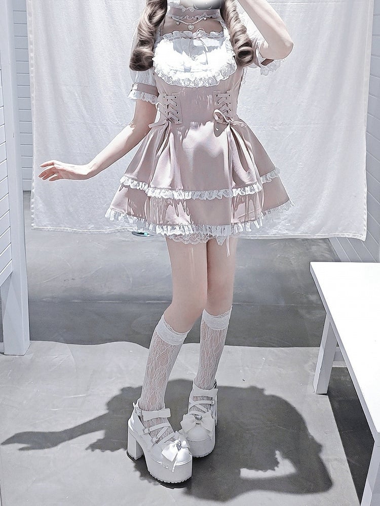 Shirohato Pink and White Ryousangata Dress Choker and Shorts Set - image 2