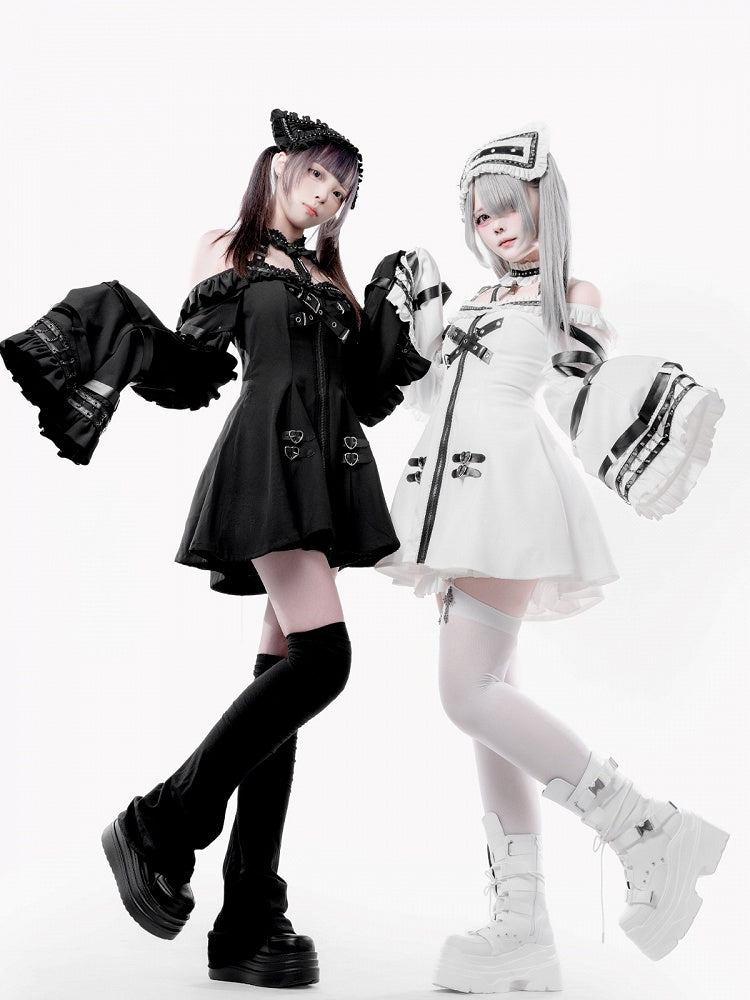 White Halter Flare Long-Sleeve Dress with Leather Straps and Shorts Set - image 11