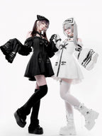 White Halter Flare Long-Sleeve Dress with Leather Straps and Shorts Set - image 11