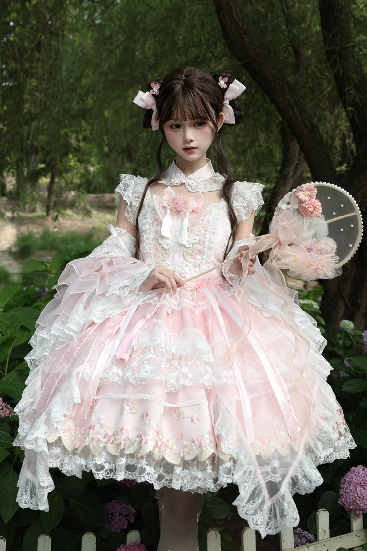Spring Entwined with Cherry Clouds - Short Sleeves Embroidered Bow Lace Sweet Lolita Dress - image 5