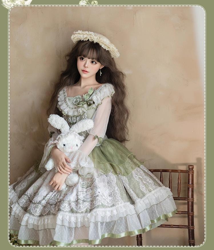 Teacup Bunny - Classic Lolita OP Dress, Fresh Green Floral Print and Accessories - image 14