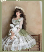 Teacup Bunny - Classic Lolita OP Dress, Fresh Green Floral Print and Accessories - image 14