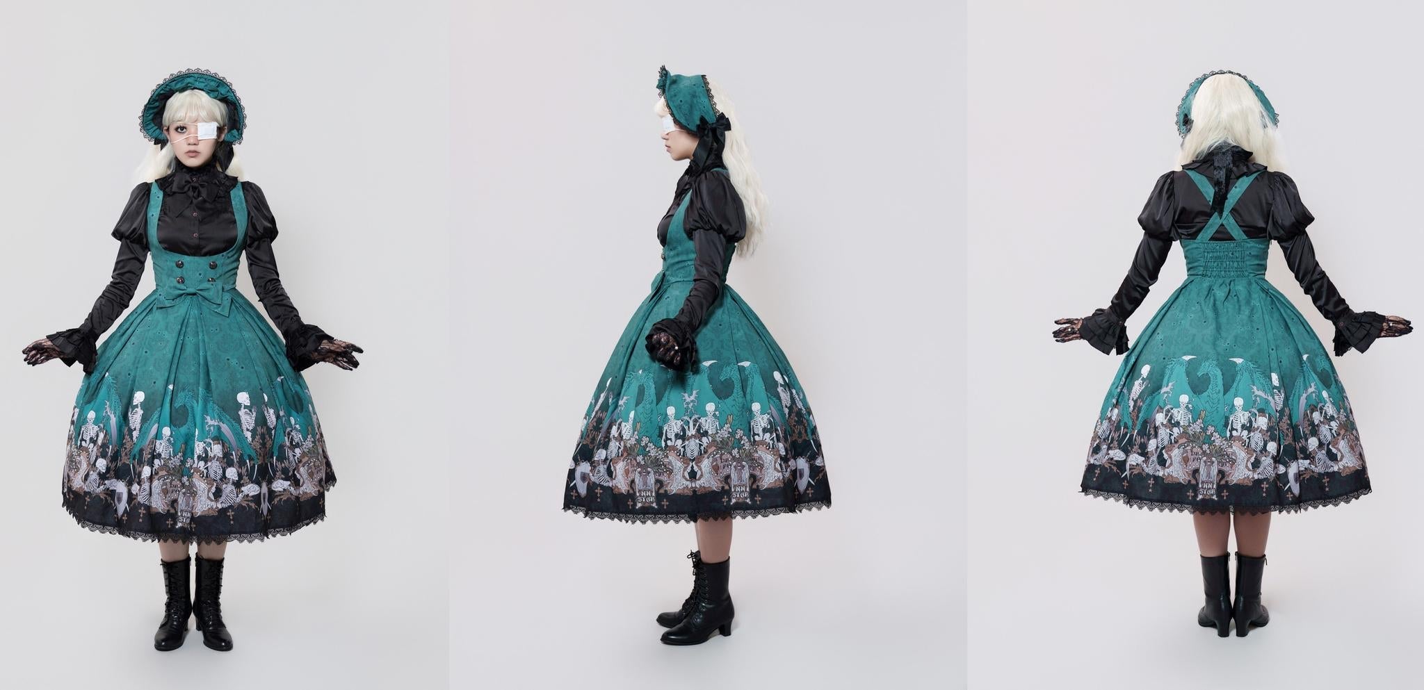 Dragon Bone Lily - Vintage Gothic Lolita Dragon & Skeleton Print JSK Dress and Accessories - image 5
