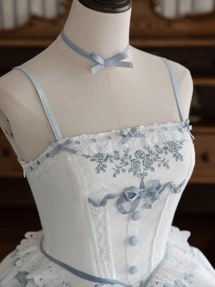 Blue and White Floral Print Lolita JSK with Bow Details - image 4