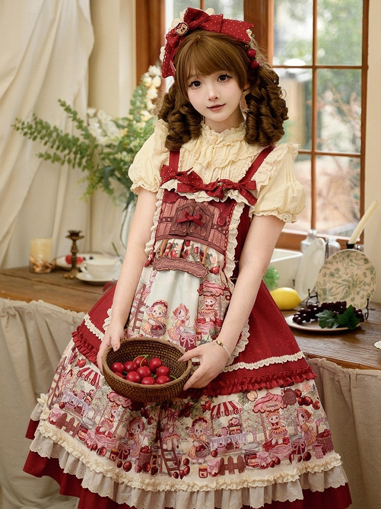 Red Fruit-Print Sweet Lolita JSK with Lace Trim - image 2