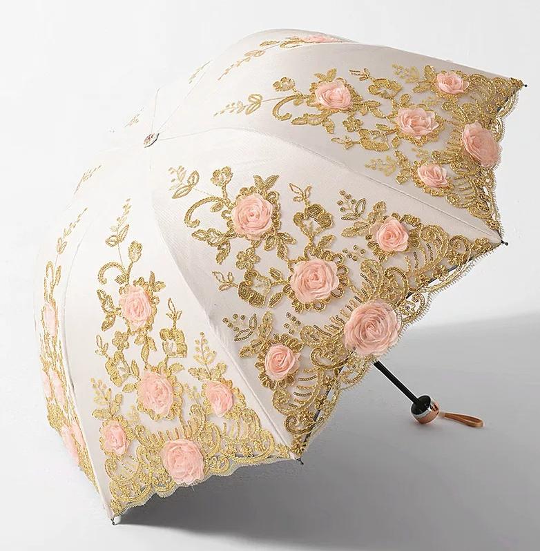 Foldable Lolita Parasol, Floral and Embroidery Detail - image 1