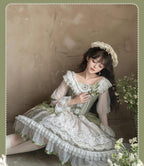 Teacup Bunny - Classic Lolita OP Dress, Fresh Green Floral Print and Accessories - image 12