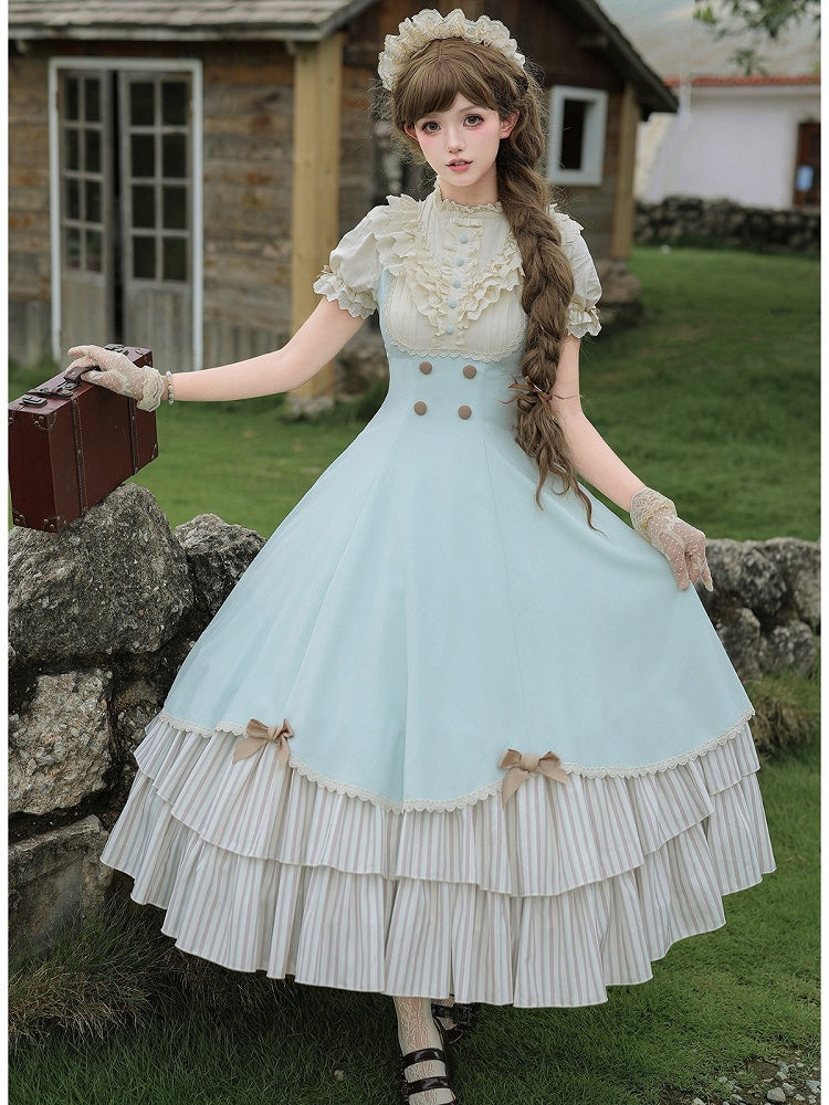 Beige and Blue Puff-Sleeve Lolita OP with Scalloped Hem and Butterfly Bows - image 1
