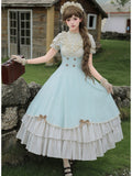 Beige and Blue Puff-Sleeve Lolita OP with Scalloped Hem and Butterfly Bows - image 1