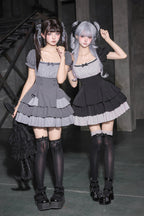 Square Collar Off Shoulder Short Sleeves Triple-Layered Bow Vintage Cool Lolita Dress - image 4