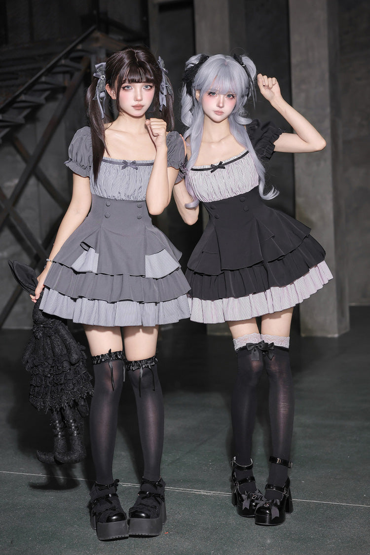 Square Collar Off Shoulder Short Sleeves Triple-Layered Bow Vintage Cool Lolita Dress - image 4