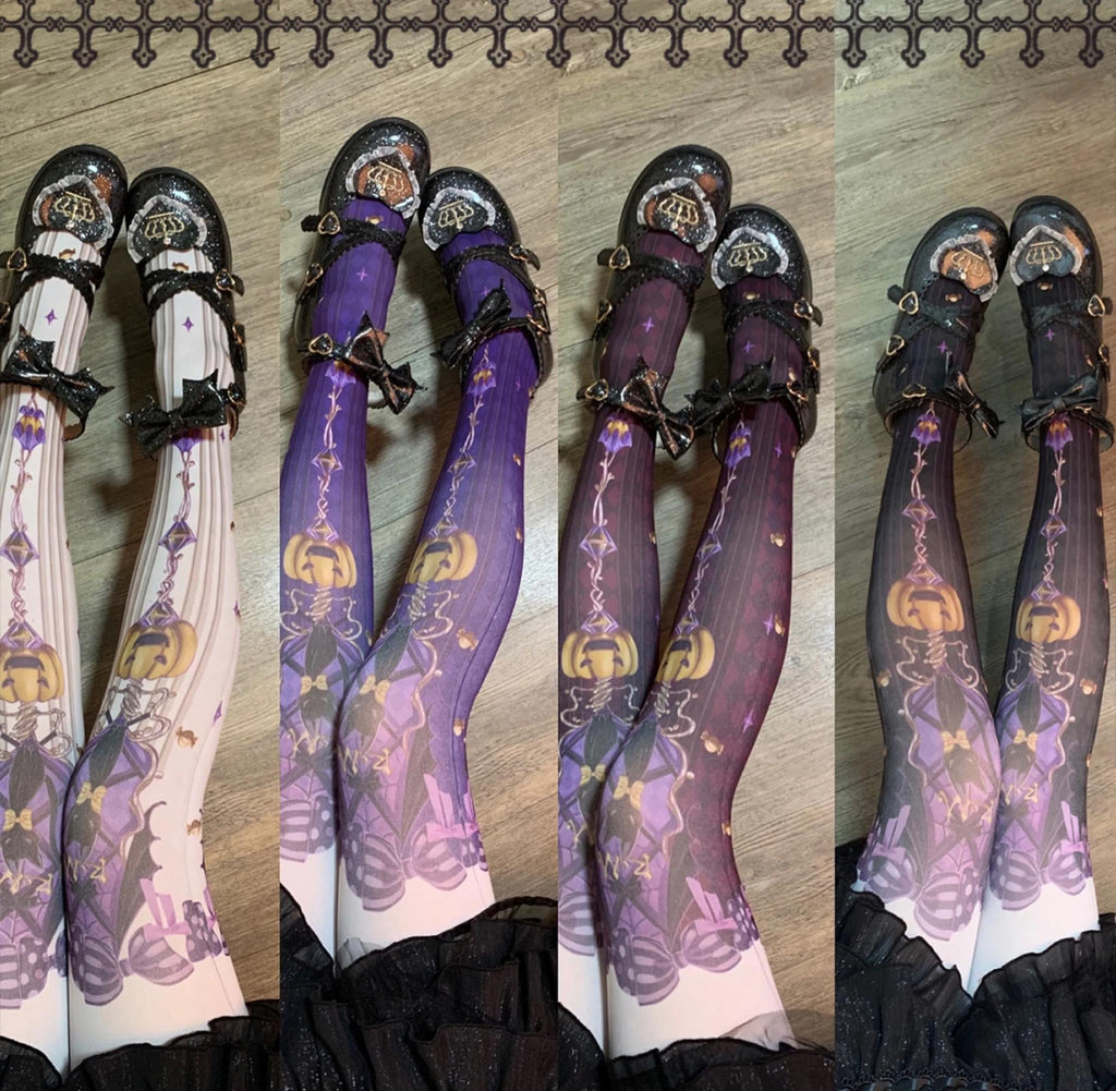 Halloween Pumpkin Cat - Gothic Lolita Pantyhose, Pumpkin and Black Cat Print - image 1