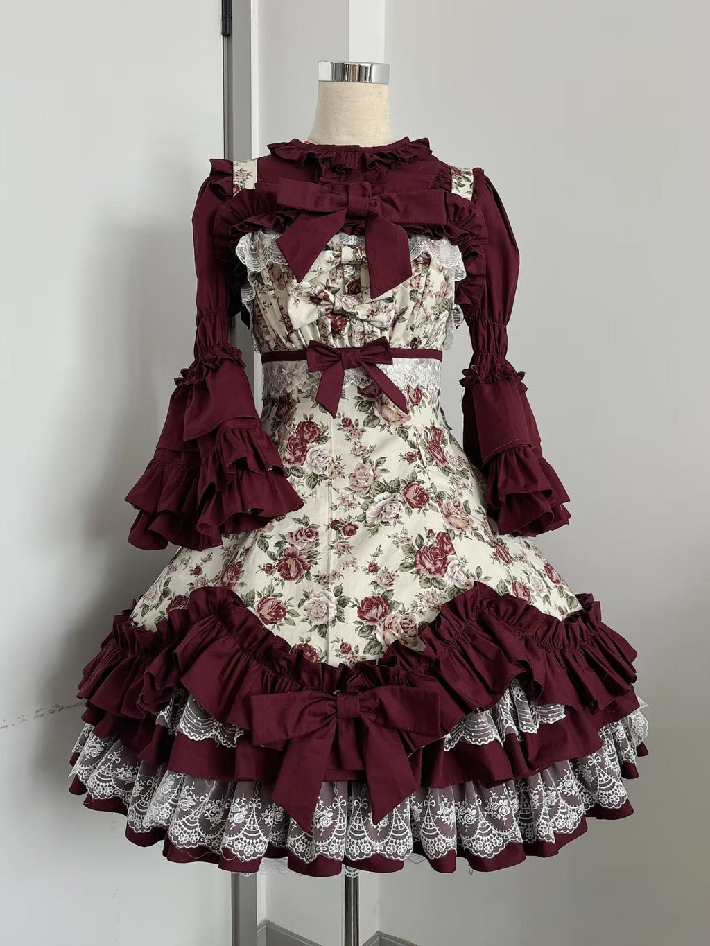 Burgundy Rose - Floral Printed Old School Lolita JSK, Elegant Cape and Accessories - image 2