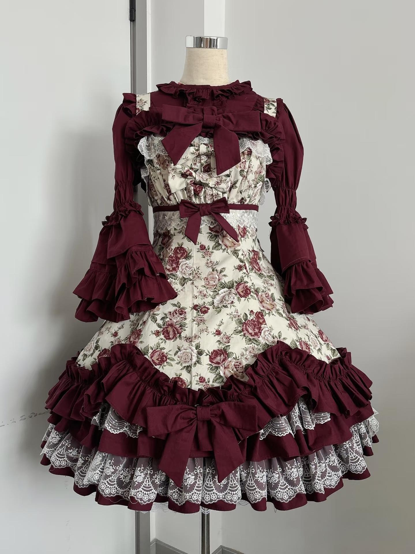 Burgundy Rose - Floral Printed Old School Lolita JSK, Elegant Cape and Accessories - image 2