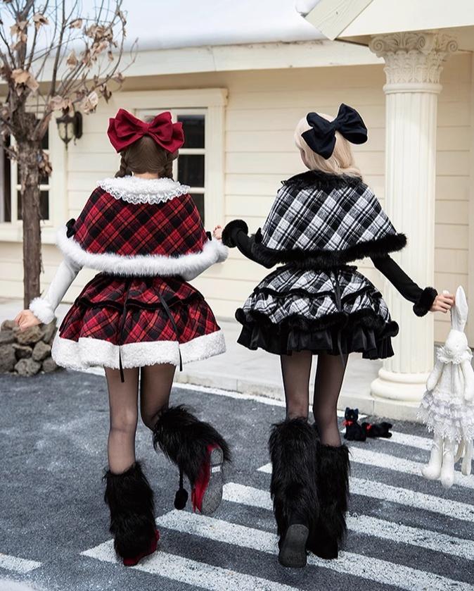 Snow Night Serenade - Fluffy Plaid Kawaii Lolita JSK, Reversible Cape and Accessories - image 3