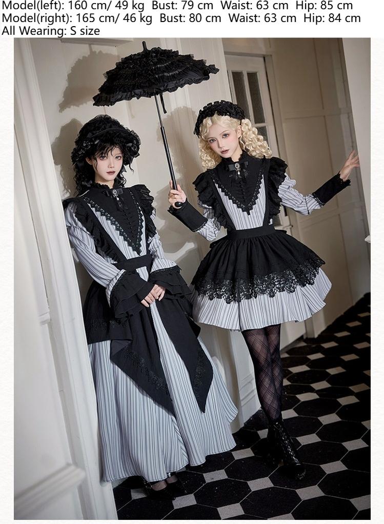 Nocturne SP - Striped Gothic Lolita OP Twin Lolita Dress with Apron and Accessories - image 6