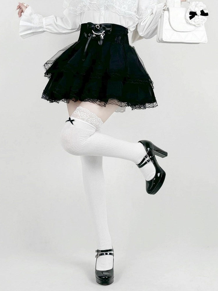 Jet Black High-Rise Skirt with Lace Hem - AMAHAKAWA - image 1