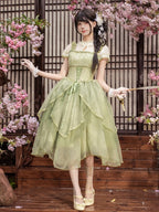 Green Orchid Chinoiserie Lolita OP Dress and Flower Hairclips Set - image 3