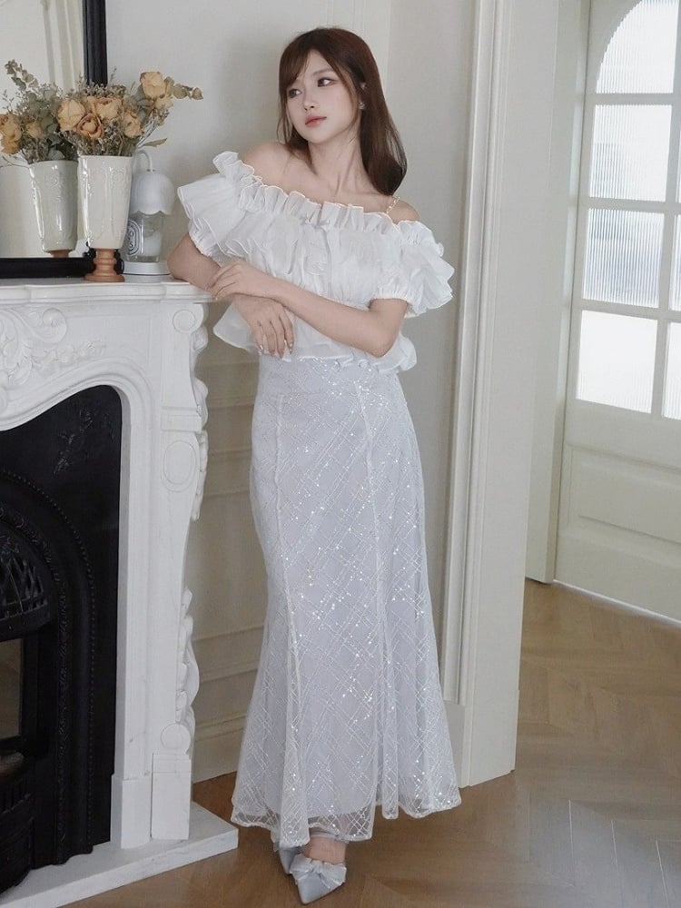 White Ruffle Chiffon Cami with Beaded Straps - Smyster - image 7