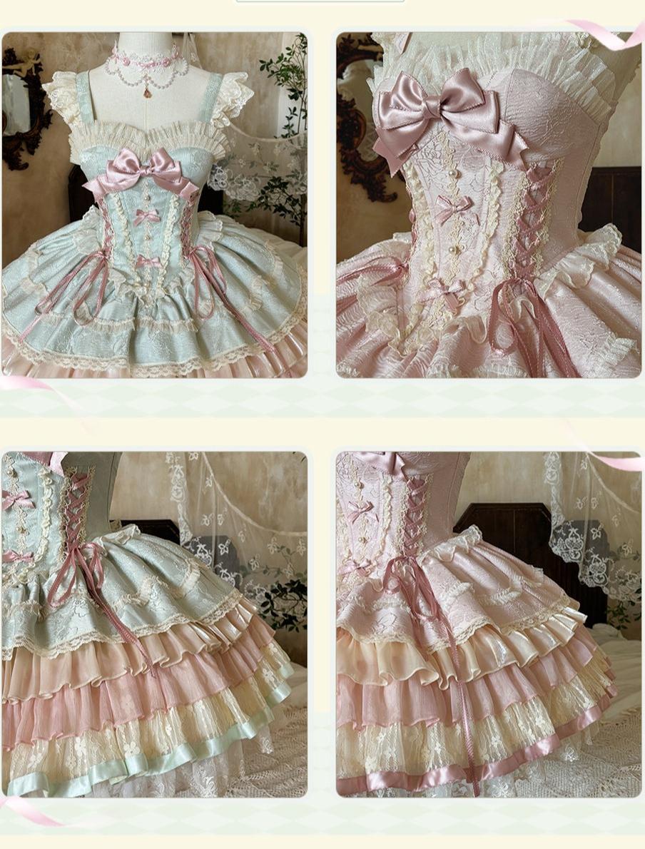 Lotus Crossing - Sweet Lolita Tiered Hem JSK Dress with Satin Bow and Accessories - image 4