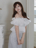 White Ruffle Chiffon Cami with Beaded Straps - Smyster - image 3