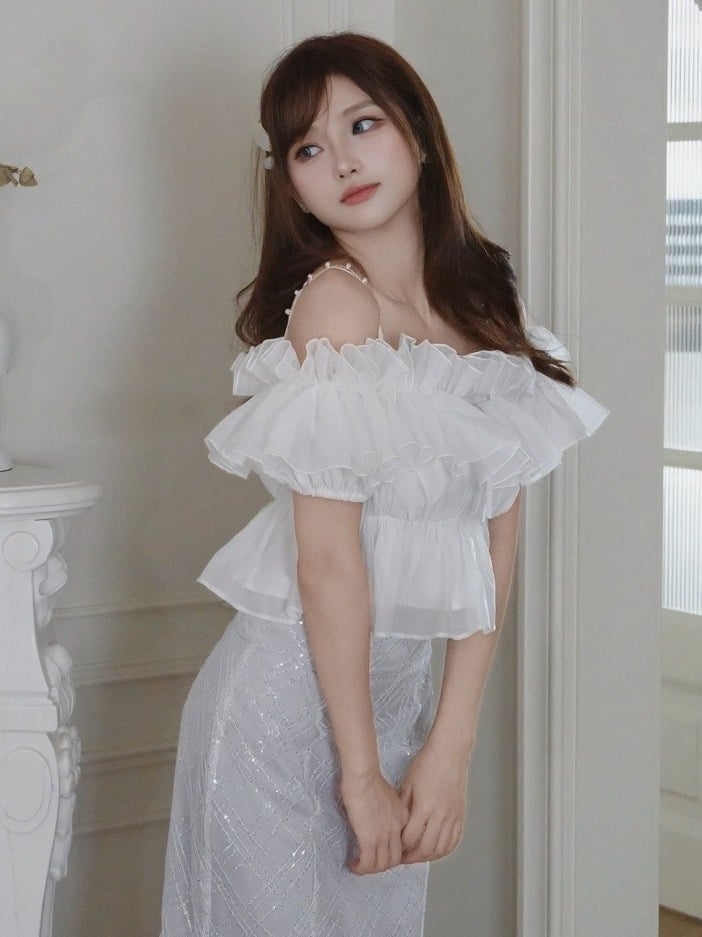 White Ruffle Chiffon Cami with Beaded Straps - Smyster - image 3
