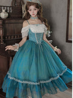 Teal Flutter-Sleeve Lolita JSK with Lace-Up Back and Tiered Skirt - image 8