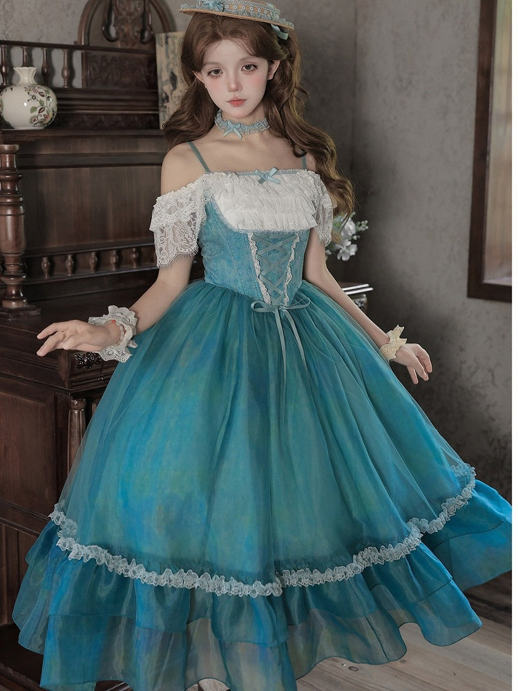 Teal Flutter-Sleeve Lolita JSK with Lace-Up Back and Tiered Skirt - image 8