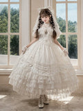 Ivory Floral Embroidered Lolita Gown with Lace Trim and Bow Train - Mademoiselle Pearl - image 1