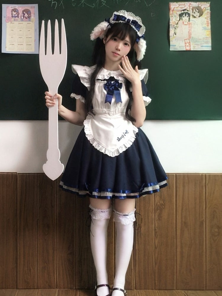Dark Blue Maid OP with Striped Lace Accents - image 3