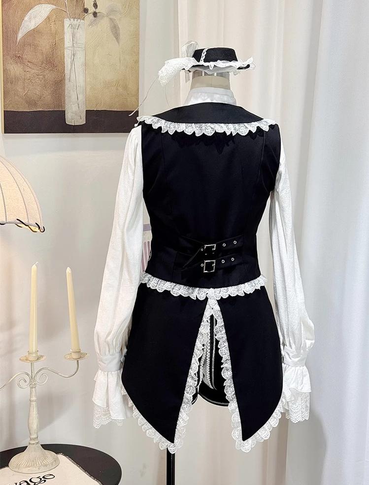 Crow Feather Ode - Ouji Lolita Cotton Linen Shirt and Clock Embroidery Vest Set - image 2
