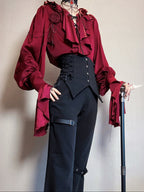 Crimson Poet Shirt with Floral Pins and Chain Accents - Shi Zhi Mao - image 4