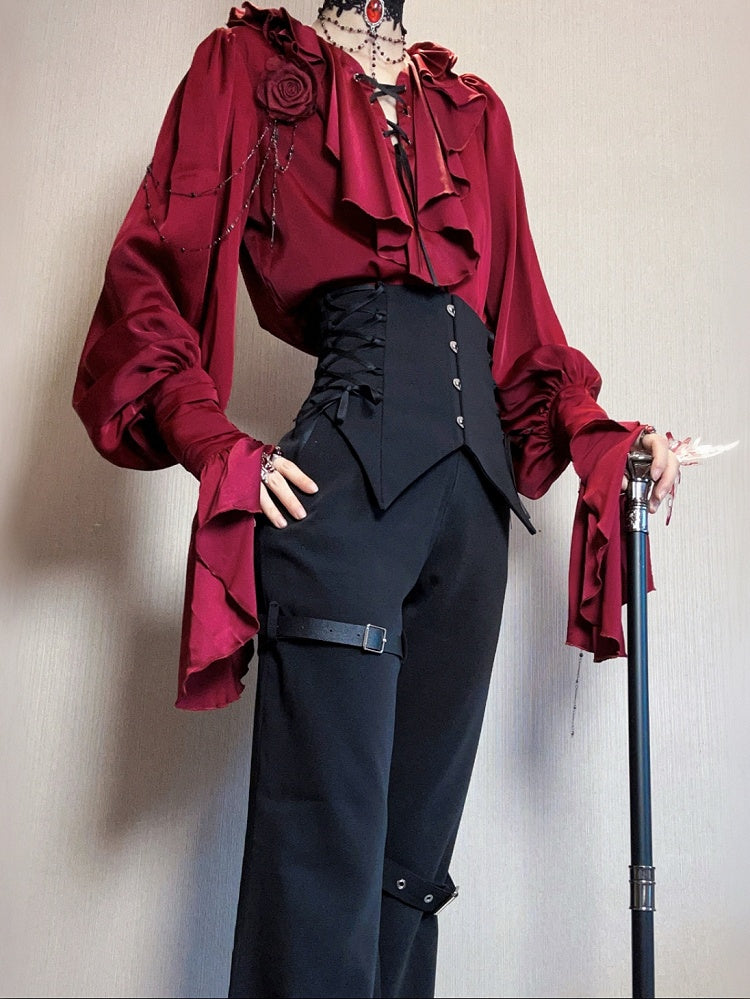Crimson Poet Shirt with Floral Pins and Chain Accents - Shi Zhi Mao - image 4