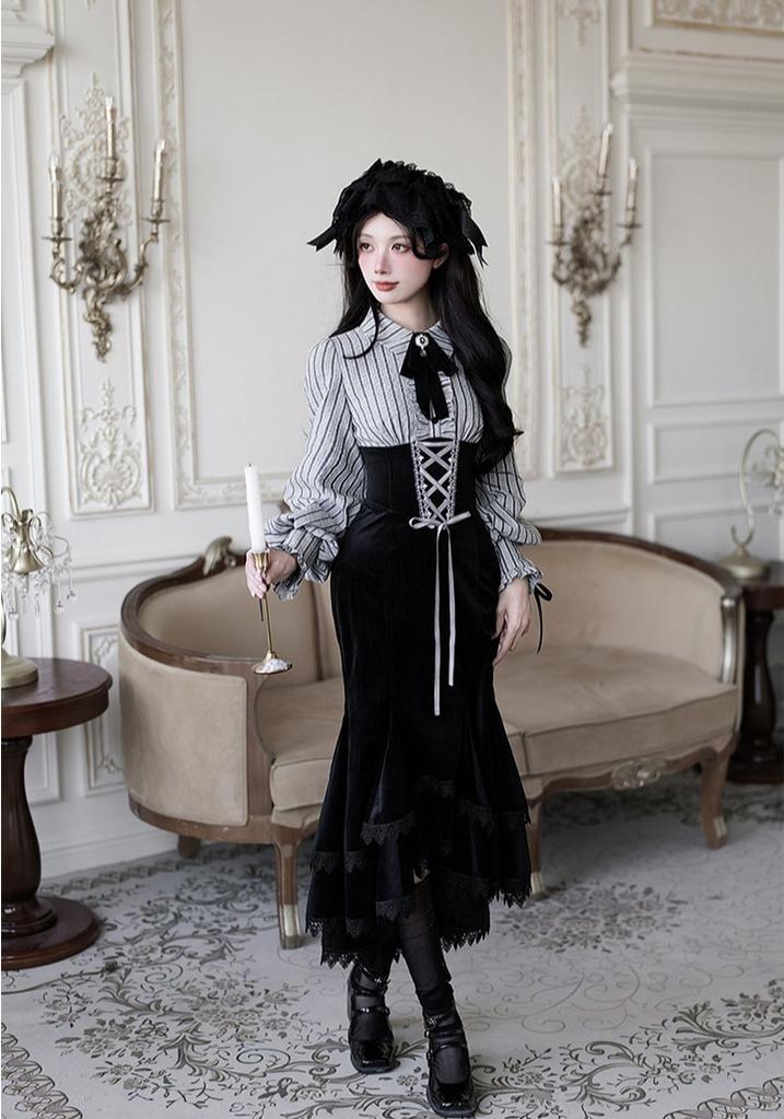 Dusk Moment - Classic Lolita Striped OP & Mermaid Dress Set, Fishbone Waist - image 6