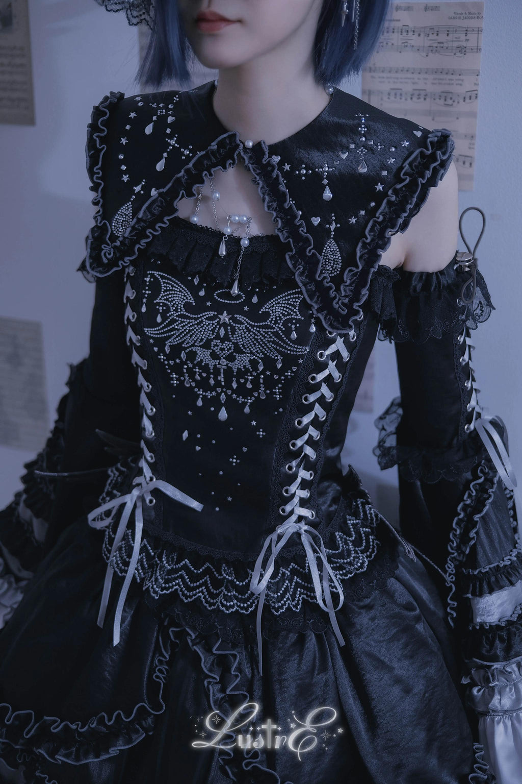 Metallic Angel Black Gothic Lolita Top and Ruffled Skirt Set - image 5