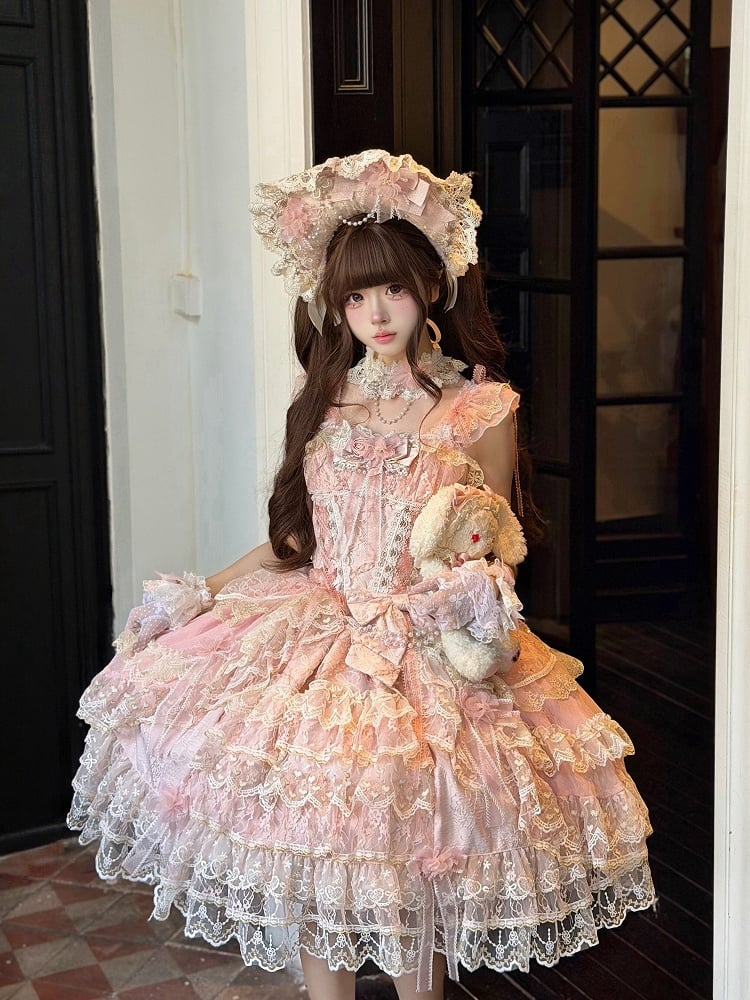 Pink Layered High-Low Lolita JSK Dress with Floral Bow Accents - image 3