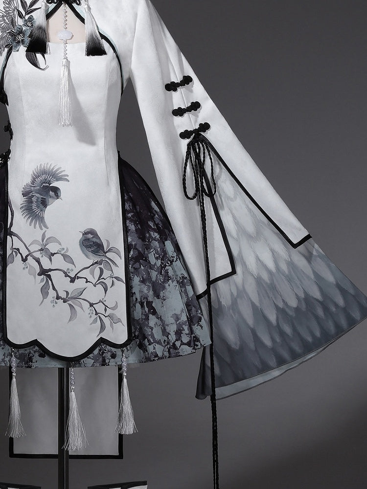 Monochrome Plum Blossom Bell-Sleeve Crop Top with Tasseled Hanfu Charm - Han Ru Chu - image 3