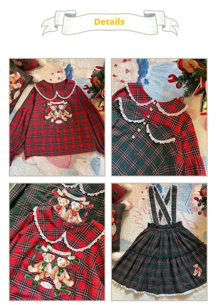 Christmas Vintage Lolita Skirts Doll Collar Blouse Plaid Skirt Set - image 29