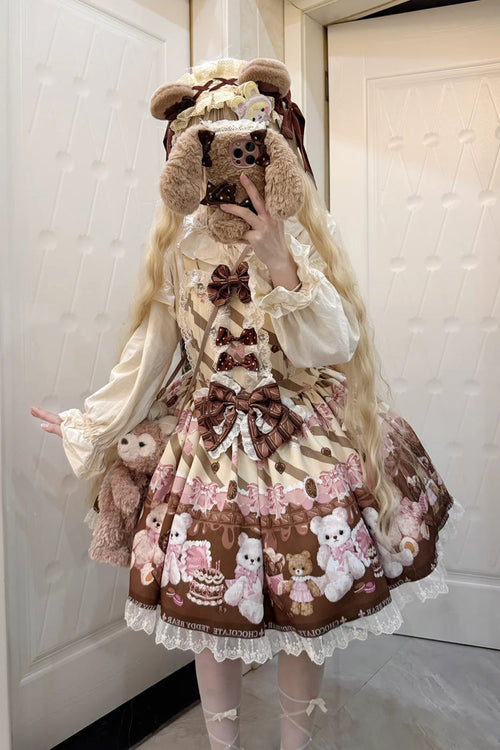 Chocolate Brownie - Sleeveless Printed Ruffled Bow Lace Sweet Lolita Strap Dress 2 Colors - image 2
