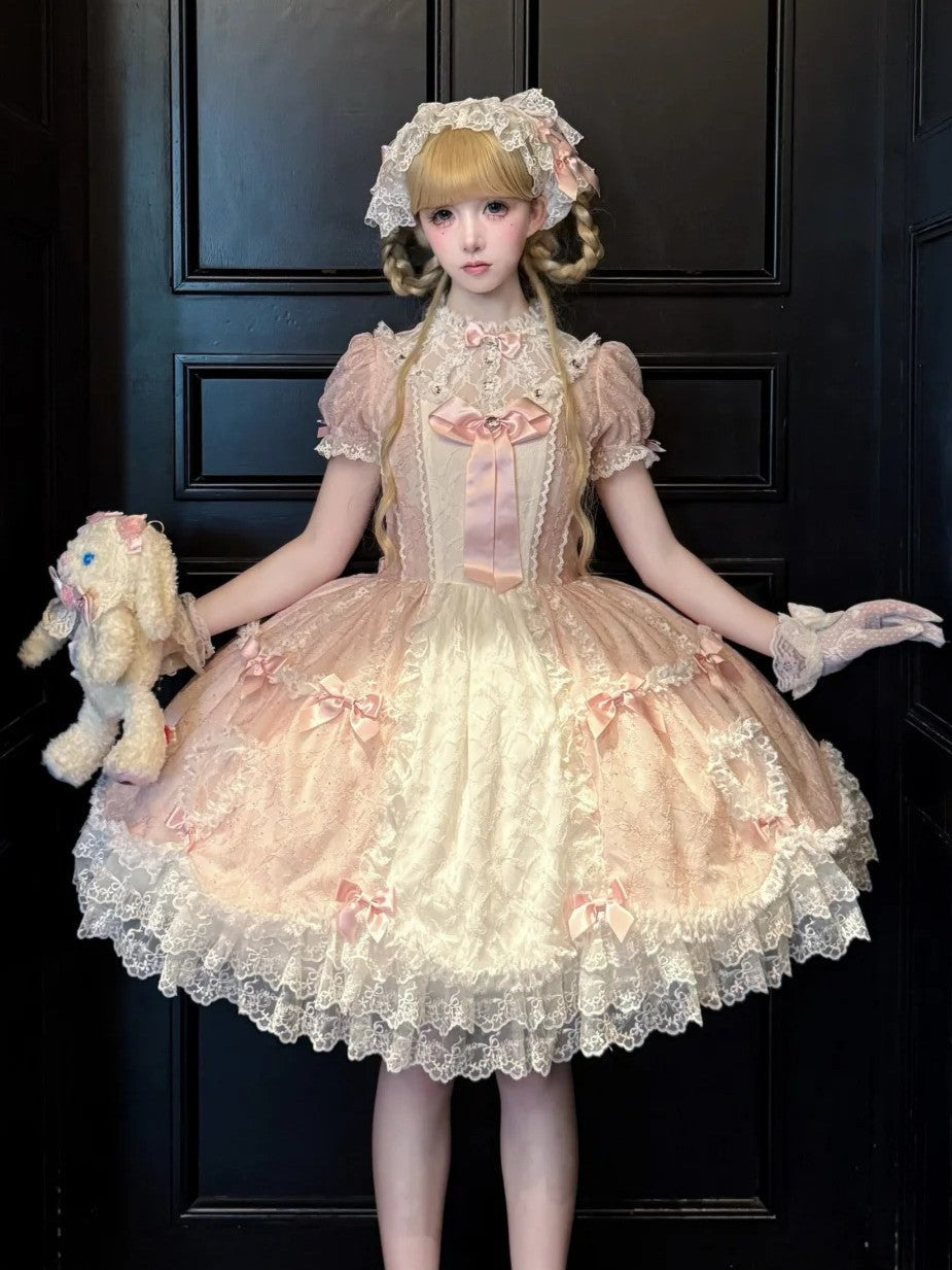 Lacy Doll - Pink Rhinestone Lace Lolita OP Dress and Accessories - image 7
