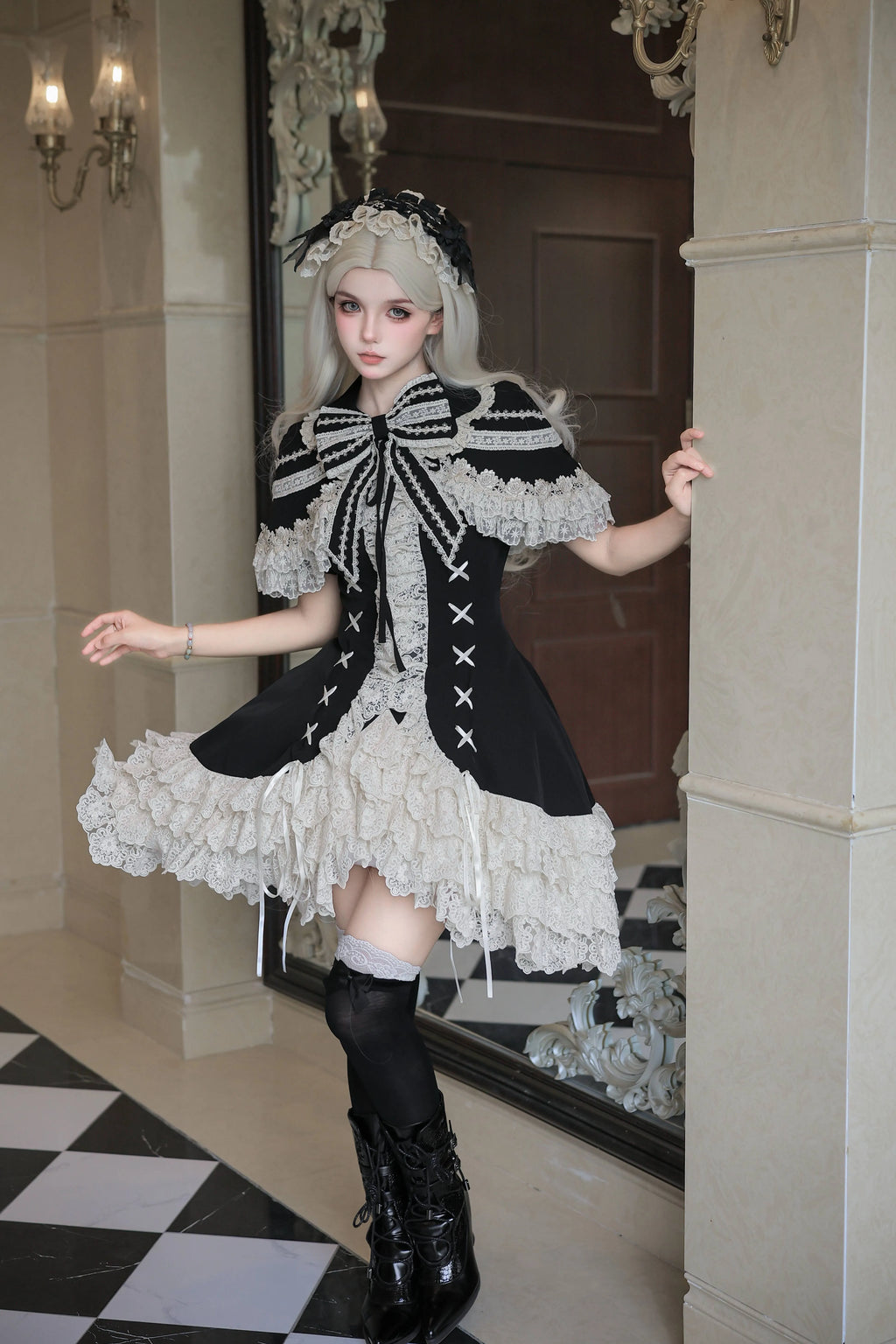 Silver Butterfly Amber - Black Gothic Lolita OP Full Set - image 5