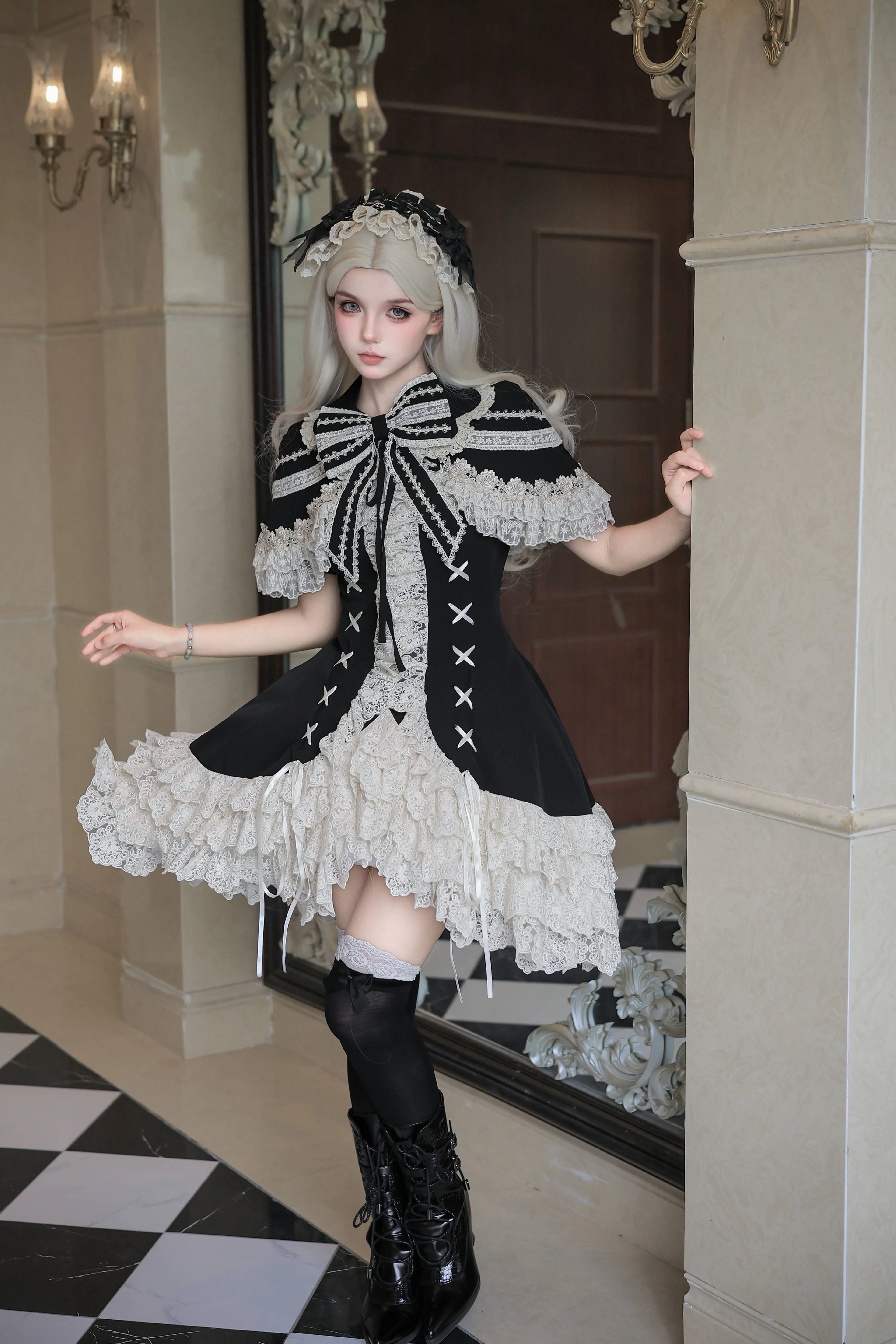 Silver Butterfly Amber - Black Gothic Lolita OP Full Set - image 5