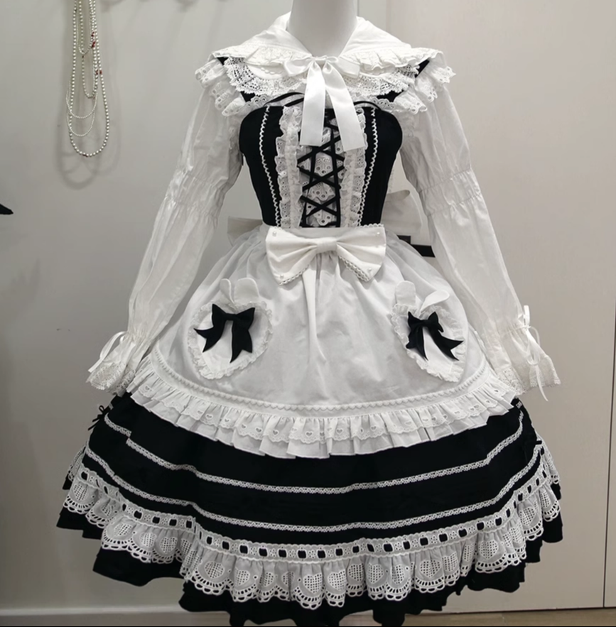 Little Bunny Bakery - Old School Lolita Cotton JSK Dress, Bunny-ear Heart Apron and Accessories - image 4