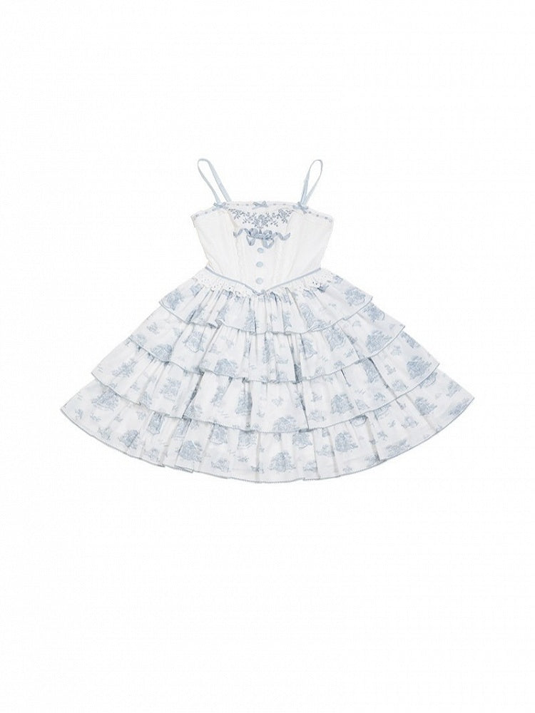 Blue and White Floral Print Lolita JSK with Bow Details - image 2