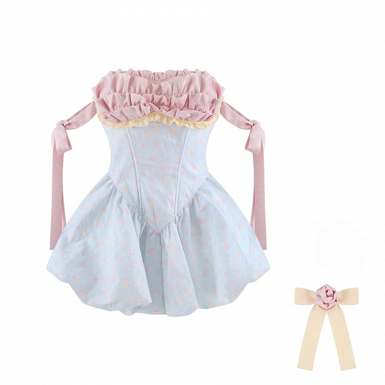 Blue and Pink Floral Strapless Dress with Bow - image 2