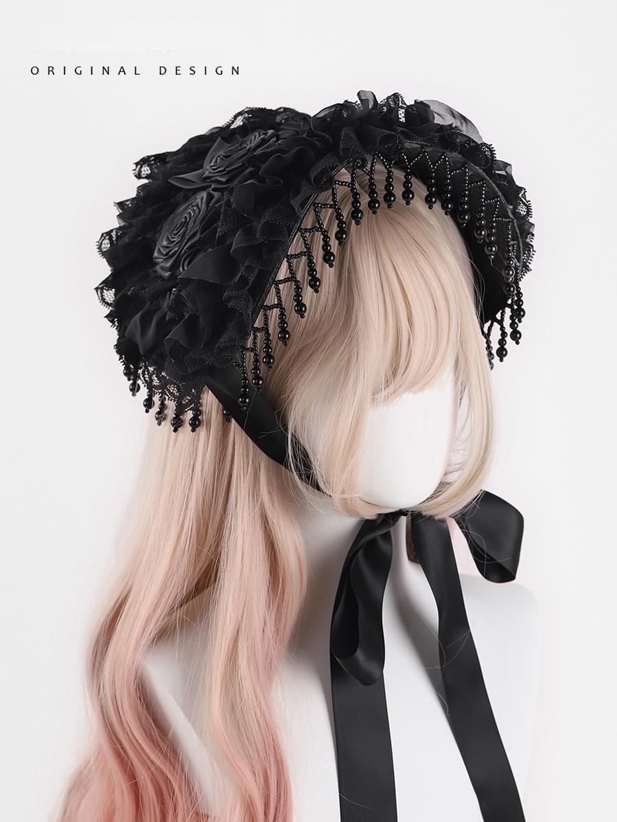 Gothic Black Rose Lolita Hat with Bead Tassels - image 2