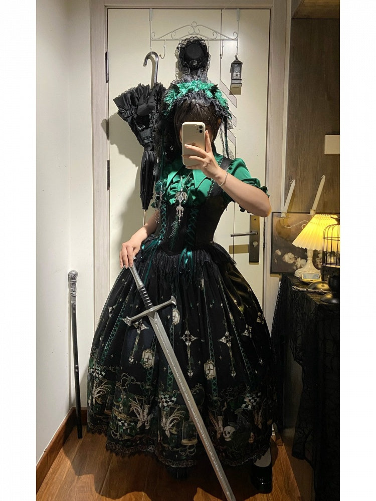 Green Rosette and Skull Print Gothic Corset JSK - image 13