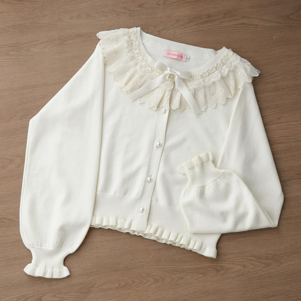 Graceful Dream - Retro Kawaii Lolita Sweater Cardigan, Ruffled Lace Neckline - image 4