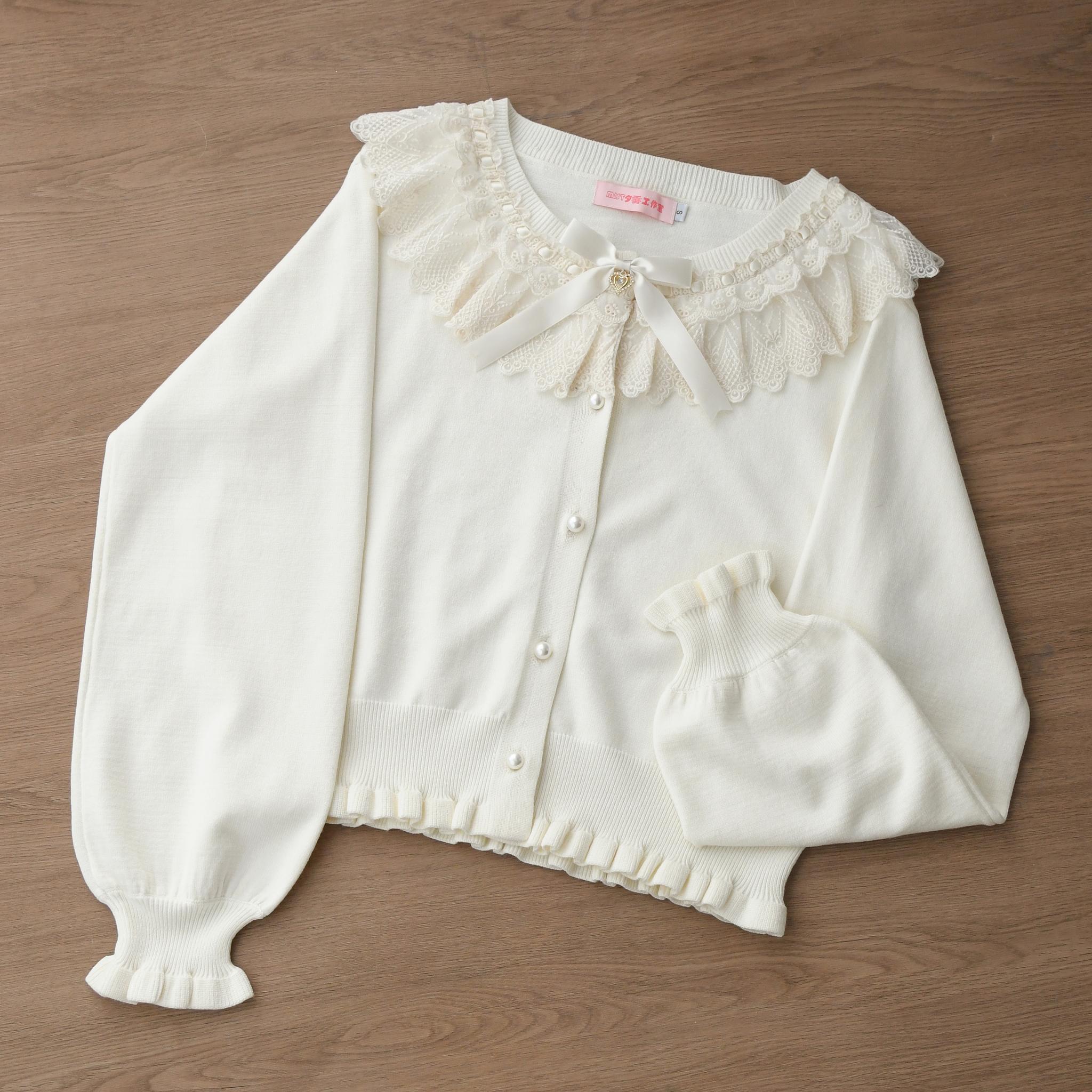 Graceful Dream - Retro Kawaii Lolita Sweater Cardigan, Ruffled Lace Neckline - image 4