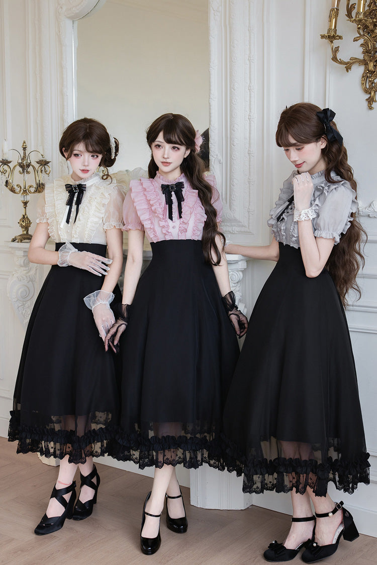 Miss Lola · Snow Kiss - Stand Collar Short Puff Sleeves Ruffled Color-Blocked Faux Two-Piece Sweet Lolita Long Dress 3 Colors - image 2